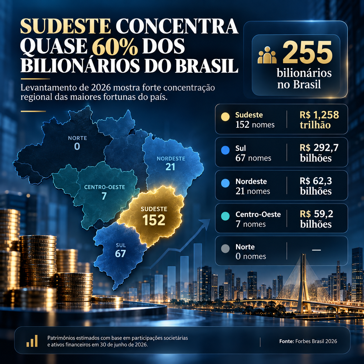 Sudeste concentra quase 60% dos bilionários brasileiros, aponta Forbes 2026